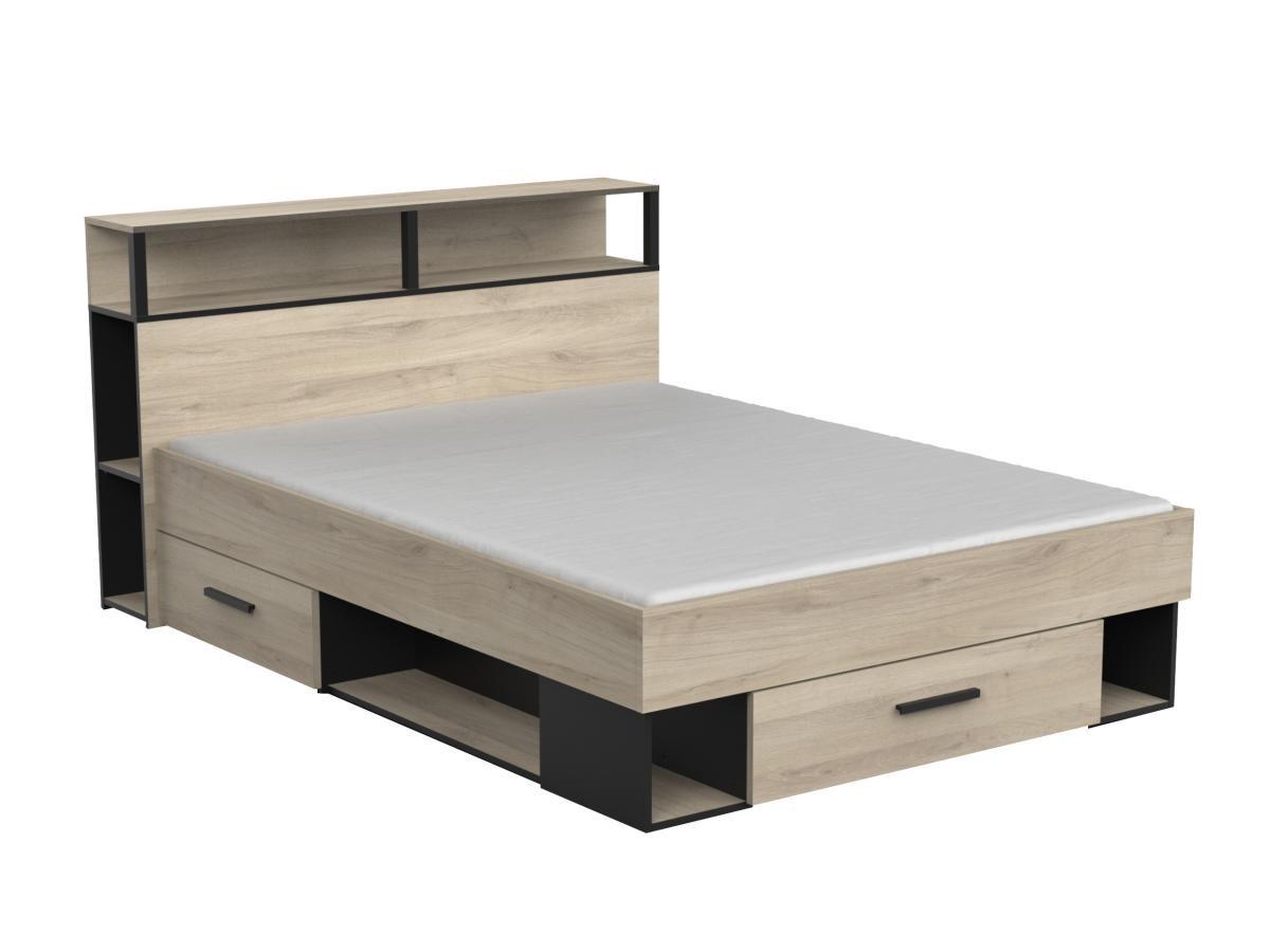 Vente-unique Letto con vani portaoggetti 140 x 190 cm Naturale e Nero - NOALIA  