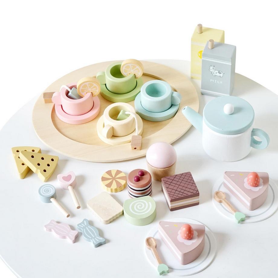 Activity-board  Teeservice für Kinder aus Holz mit Dessert, Teeparty-Set Holzspielzeug, Kinderküchenzubehör Holz 