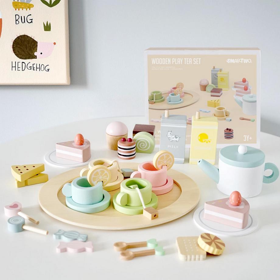 Activity-board  Teeservice für Kinder aus Holz mit Dessert, Teeparty-Set Holzspielzeug, Kinderküchenzubehör Holz 