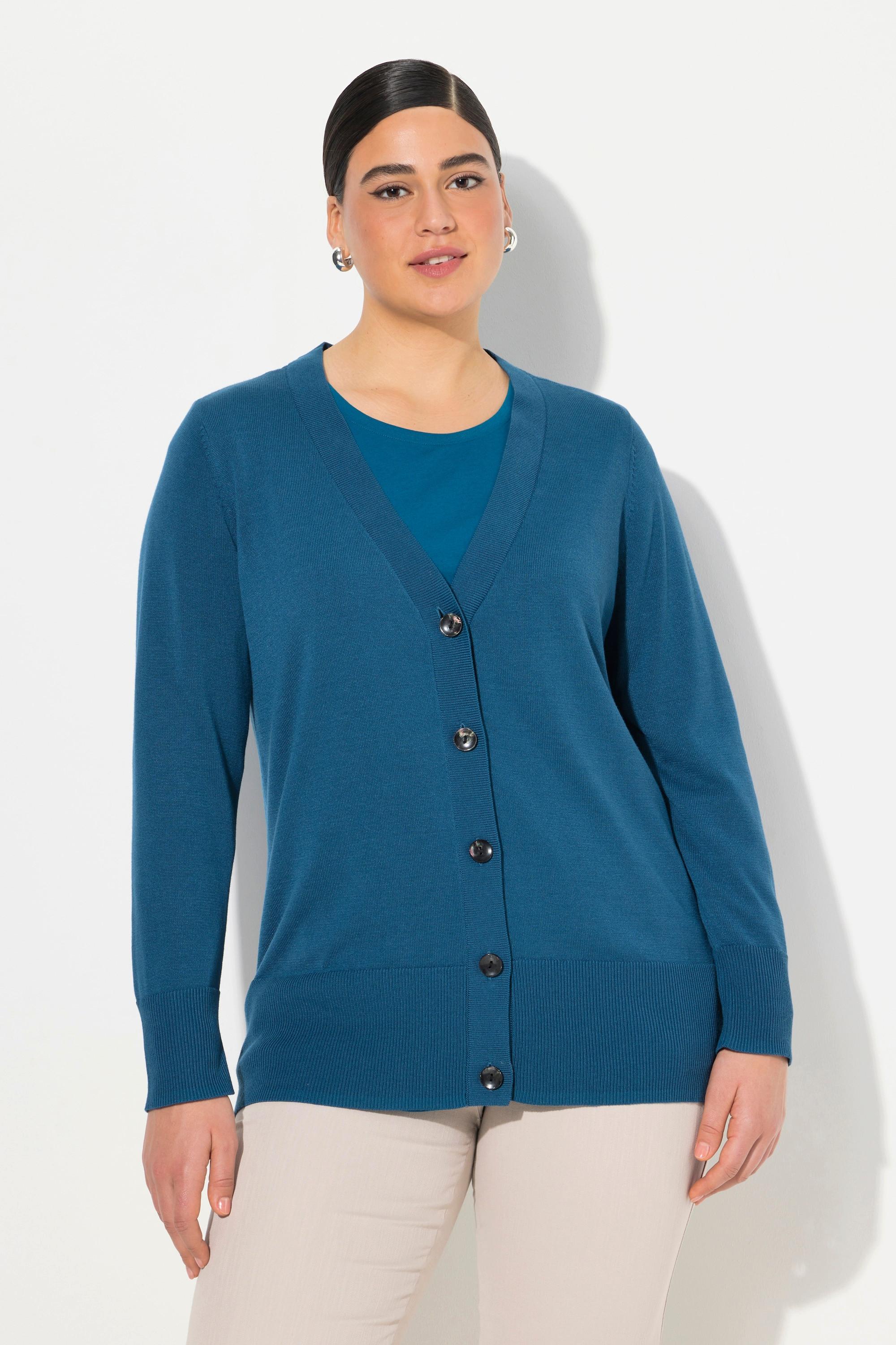 Ulla Popken  Cardigan fine maille, encolure en V et patte de boutonnage 