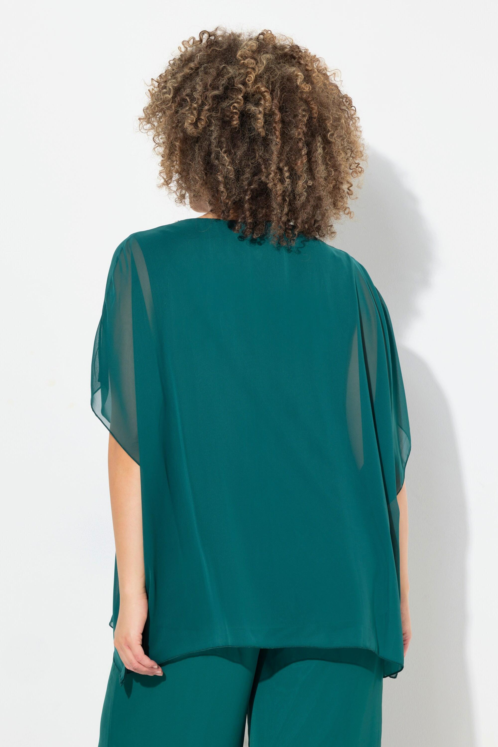 Ulla Popken  Blusa a doppio strato di chiffon con scollo a V e mezze maniche 