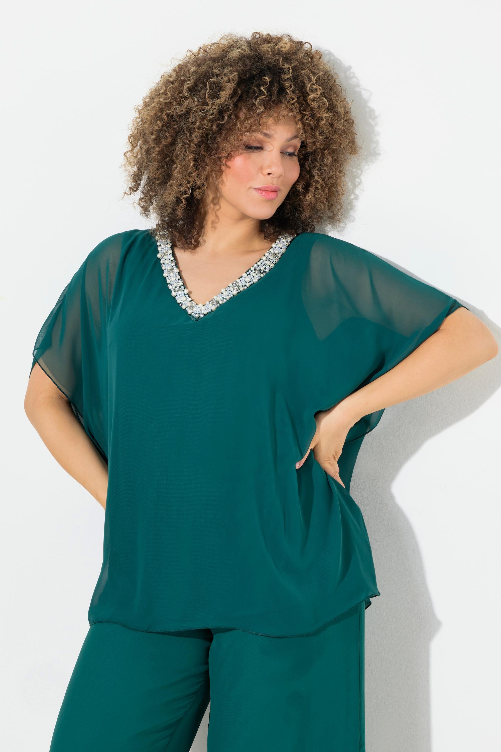 Ulla Popken  Blusa a doppio strato di chiffon con scollo a V e mezze maniche 