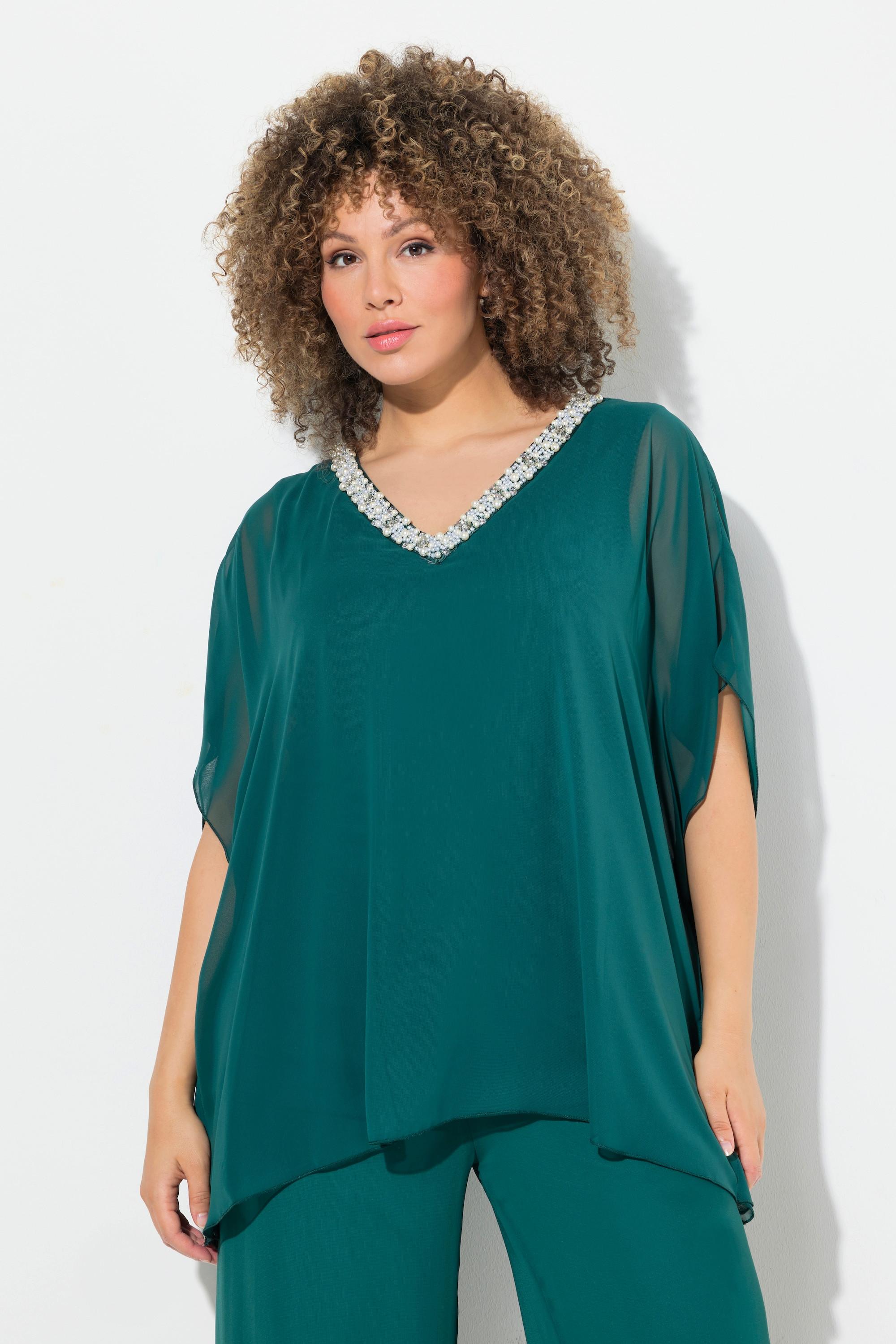 Ulla Popken  Blusa a doppio strato di chiffon con scollo a V e mezze maniche 