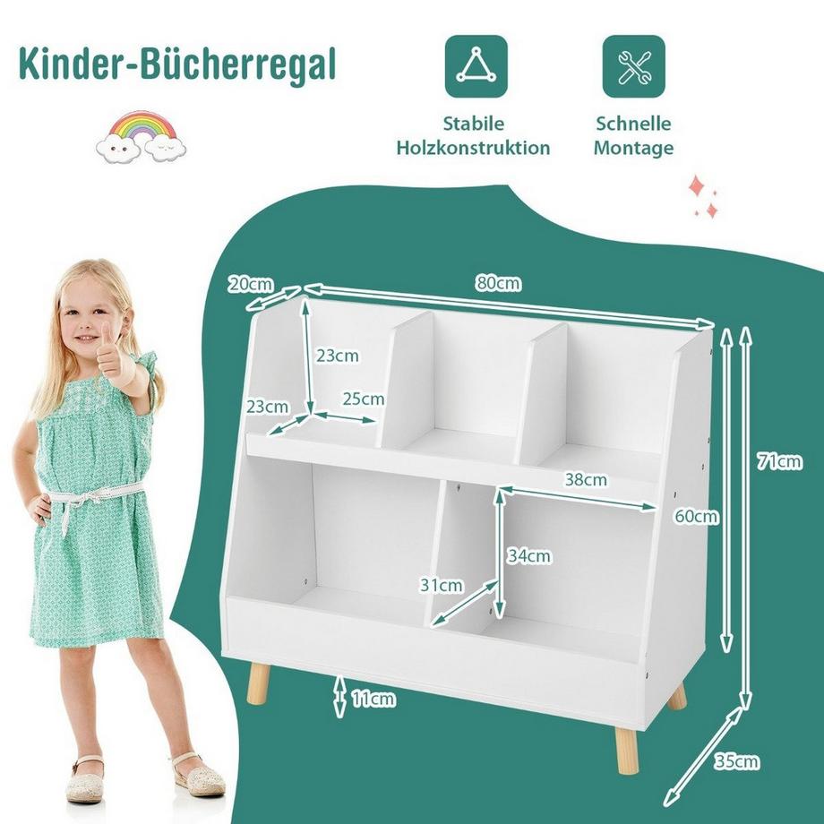 Northix Kinderregal mit 5 offenen Fächern Bücherregal Kinder Kinderzimmerregal mit Massivholzbeinen Weiß  