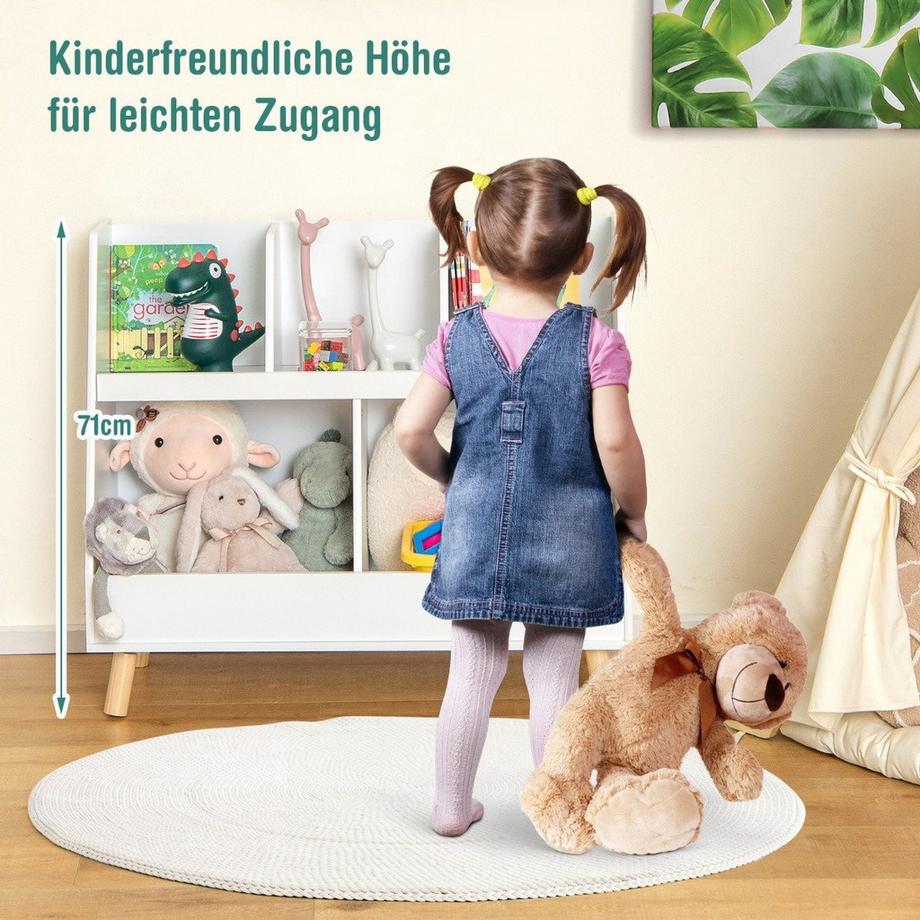 Kinderregal mit 5 offenen Fächern Bücherregal Kinder Kinderzimmerregal mit Massivholzbeinen Weiß