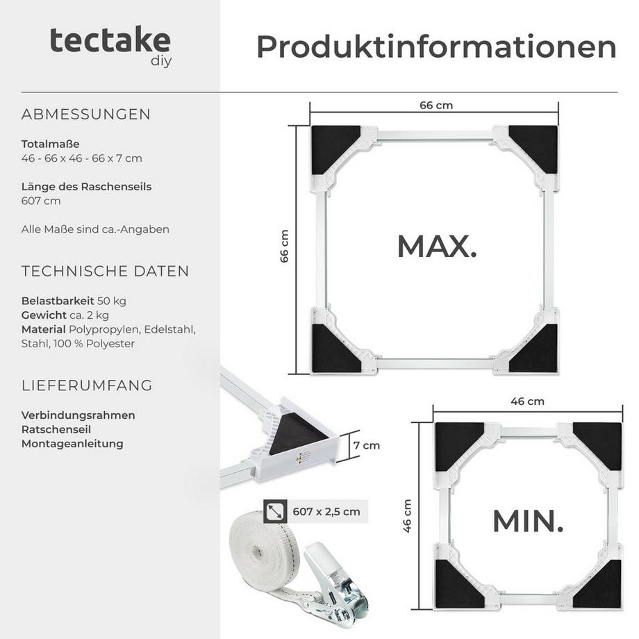 Tectake Verbindungsrahmen Parret für Waschmaschinen und Wäschetrockner stufenlos größenverstellbar  