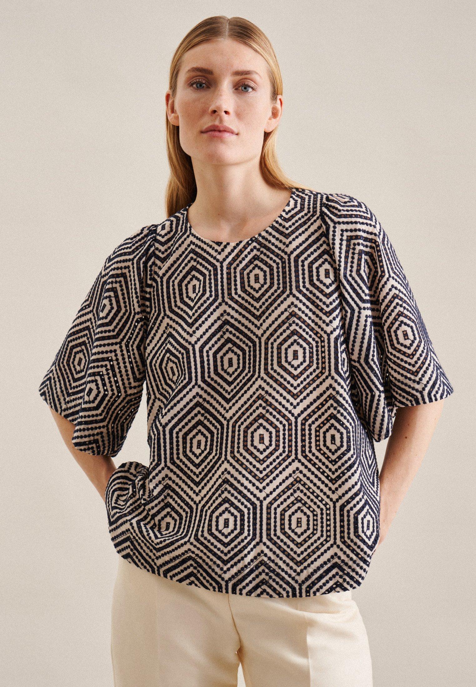 Image of Shirtbluse Streifen Kurzarm Rundhals Damen Beige 36