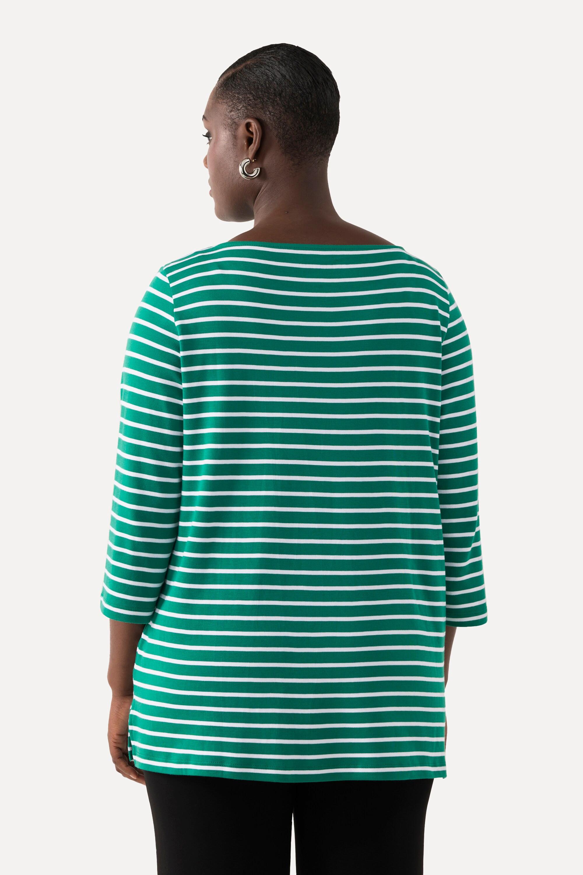 Ulla Popken  T-shirt rayé en coton Pima. Décolleté bateau et manches 3/4. 