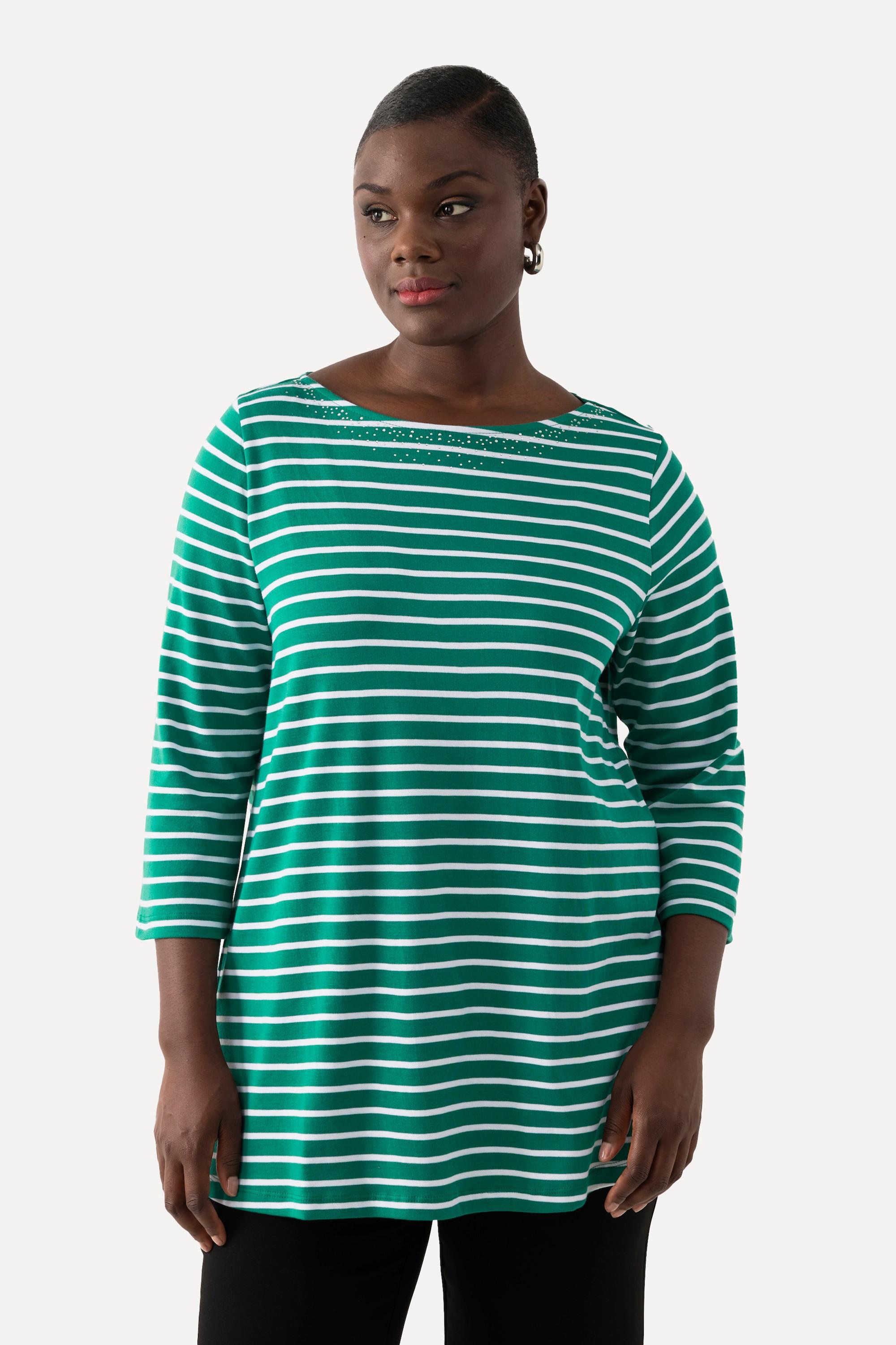 Ulla Popken  T-shirt rayé en coton Pima. Décolleté bateau et manches 3/4. 