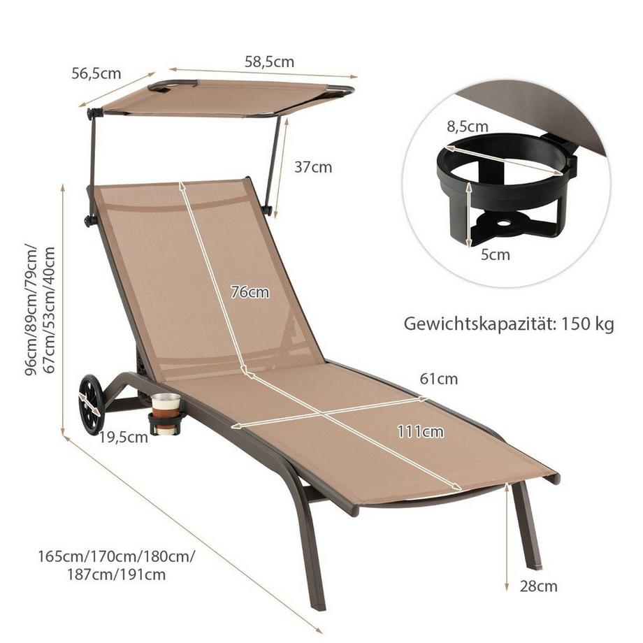 Northix Terrassenliege Outdoor-Liegestuhl mit Rädern Strandliege aus Metall Braun  