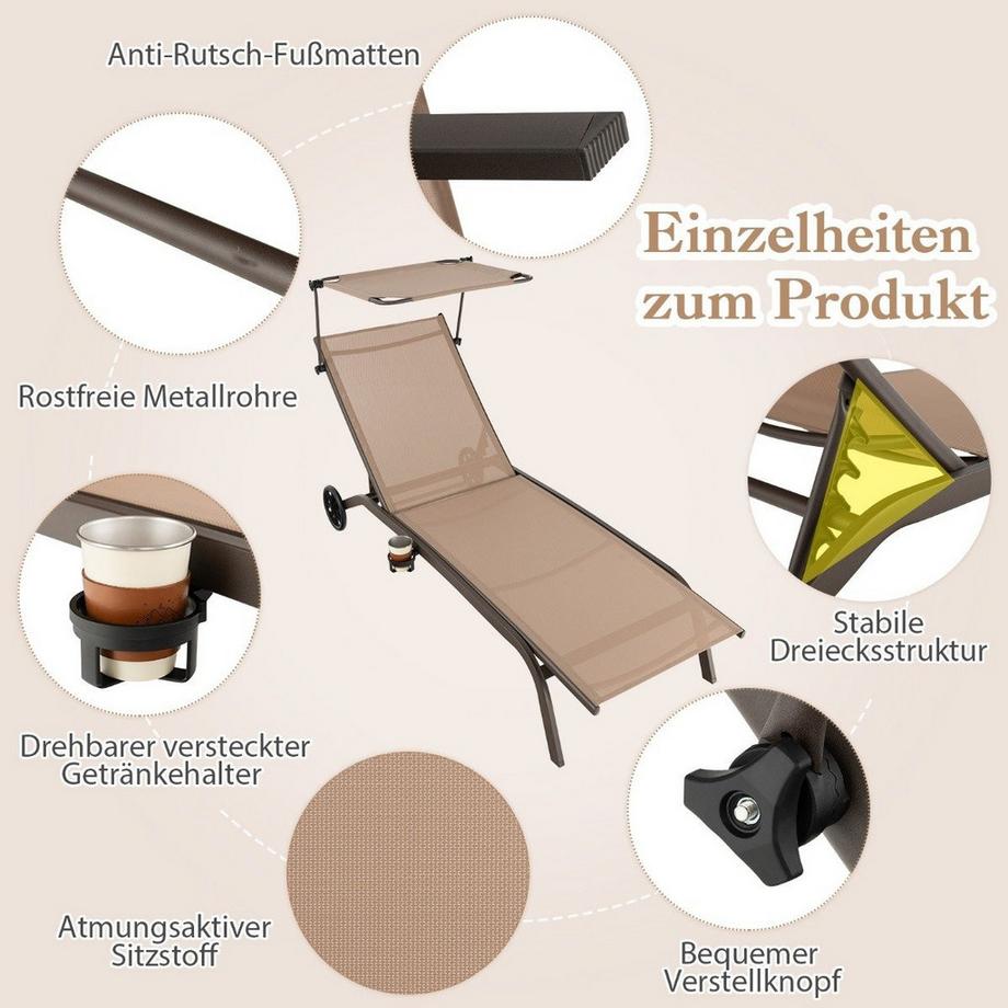 Northix Terrassenliege Outdoor-Liegestuhl mit Rädern Strandliege aus Metall Braun  