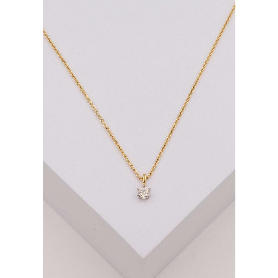 MUAU Schmuck  Pendentif solitaire serti 6 griffes or jaune 750 diamant 0,15ct. Cadre or blanc 750, 8x6mm 