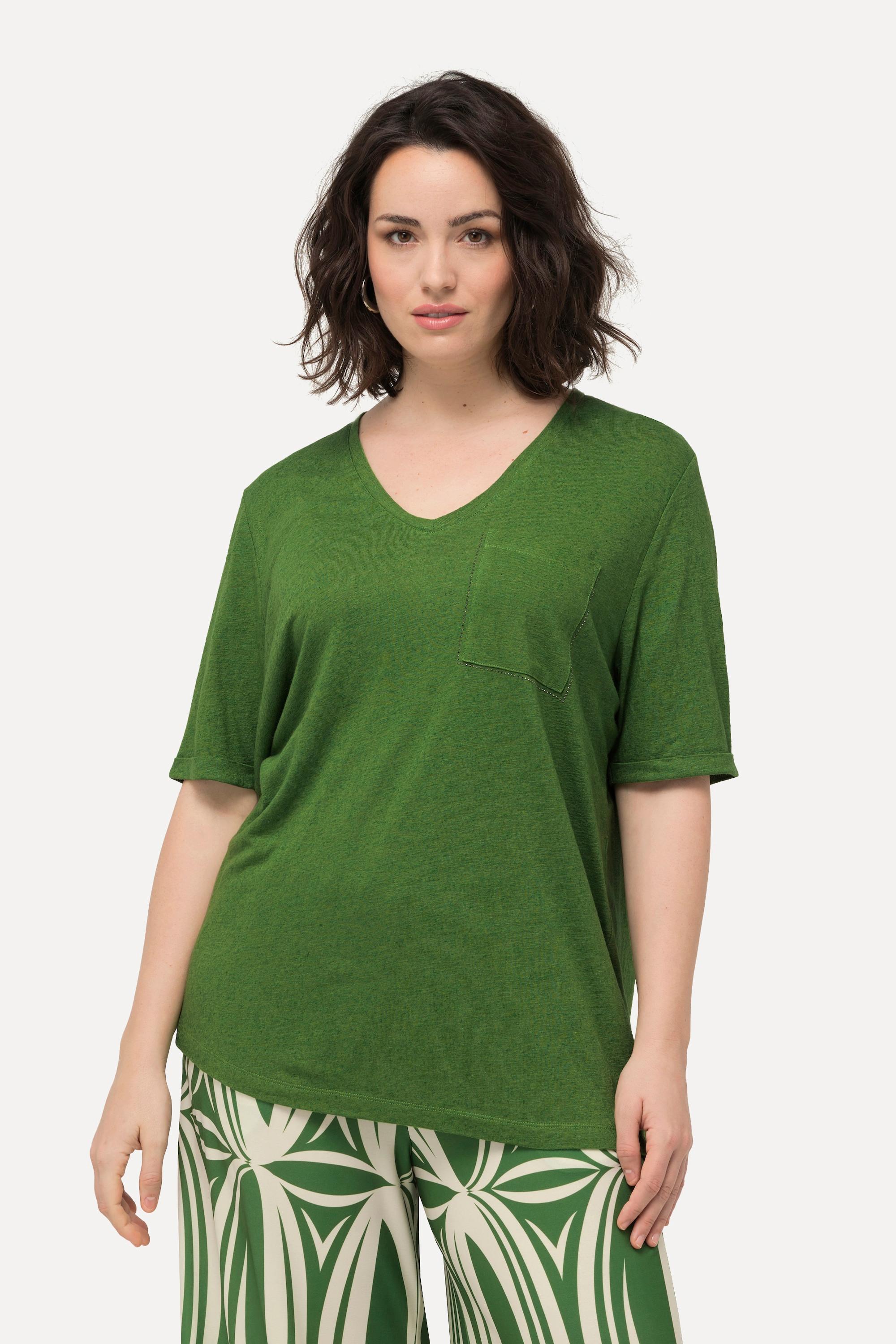 Ulla Popken  T-shirt con texture, taschino, scollo a V e mezze maniche 