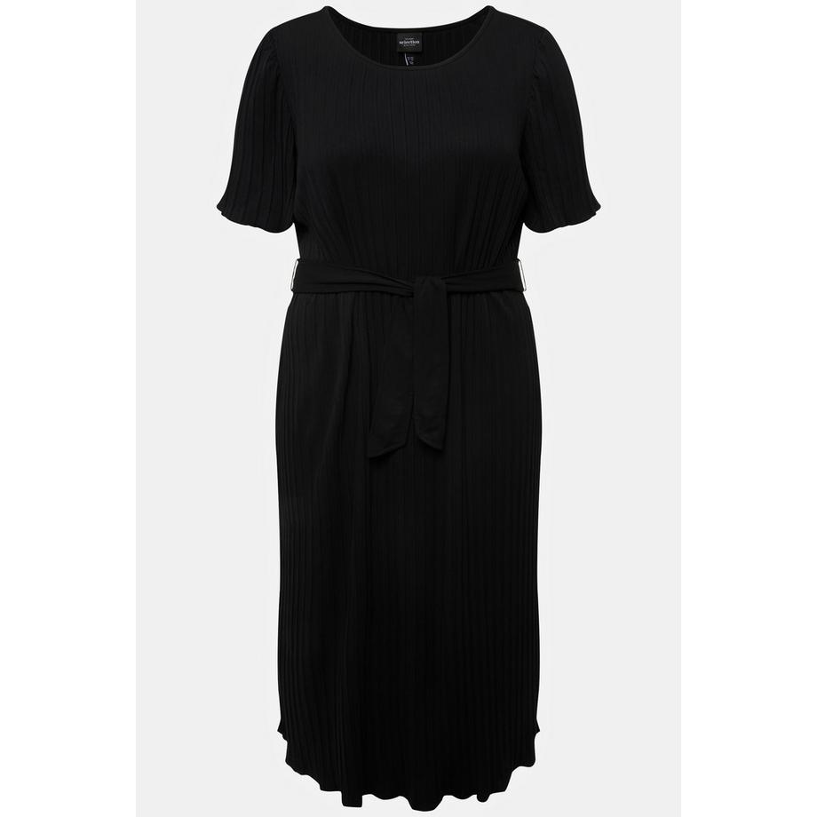 Ulla Popken Plissee Midikleid A-Linie Rundhals Gürtel Halbarm  