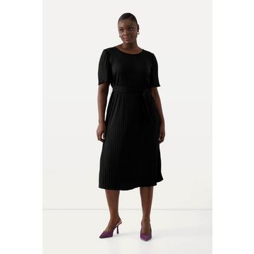 Robe midi plissée, coupe évasée, col rond, ceinture, manches courtes