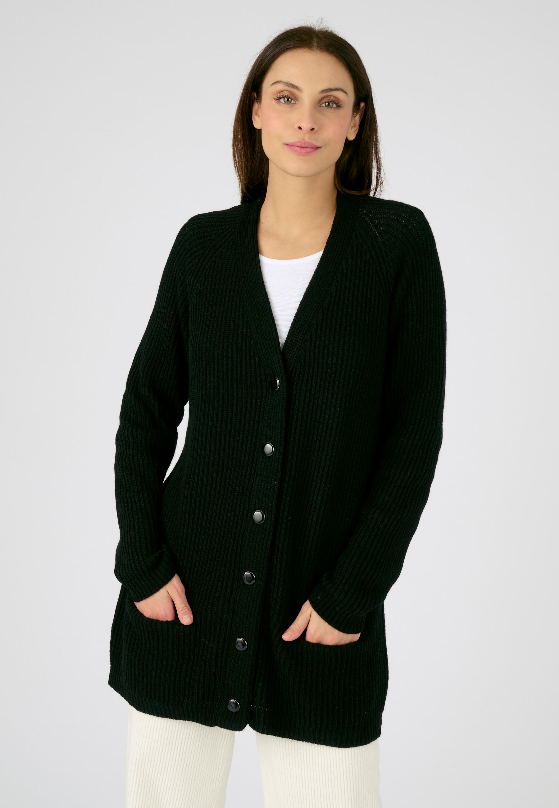 Image of Lange Strickjacke Aus Wollmix, Patentrippstrick , Knopfleiste. Damen Schwarz 42/44