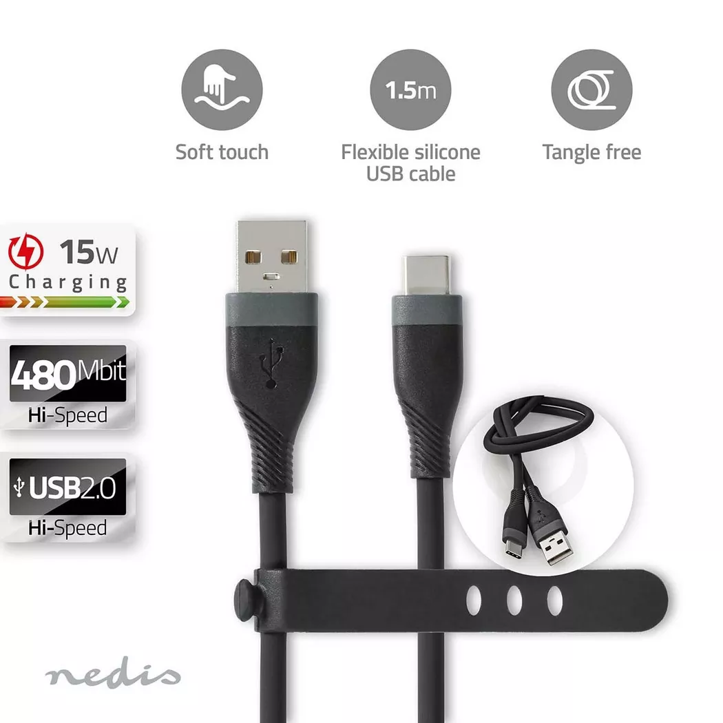 Nedis - USB-Kabel | USB 2.0 | USB-A Stecker | USB-C™ Stecker | 15 W | 480 Mbps | Vernickelt | 1,50 m | Rund | Silikon | Schwarz | Box, One Size