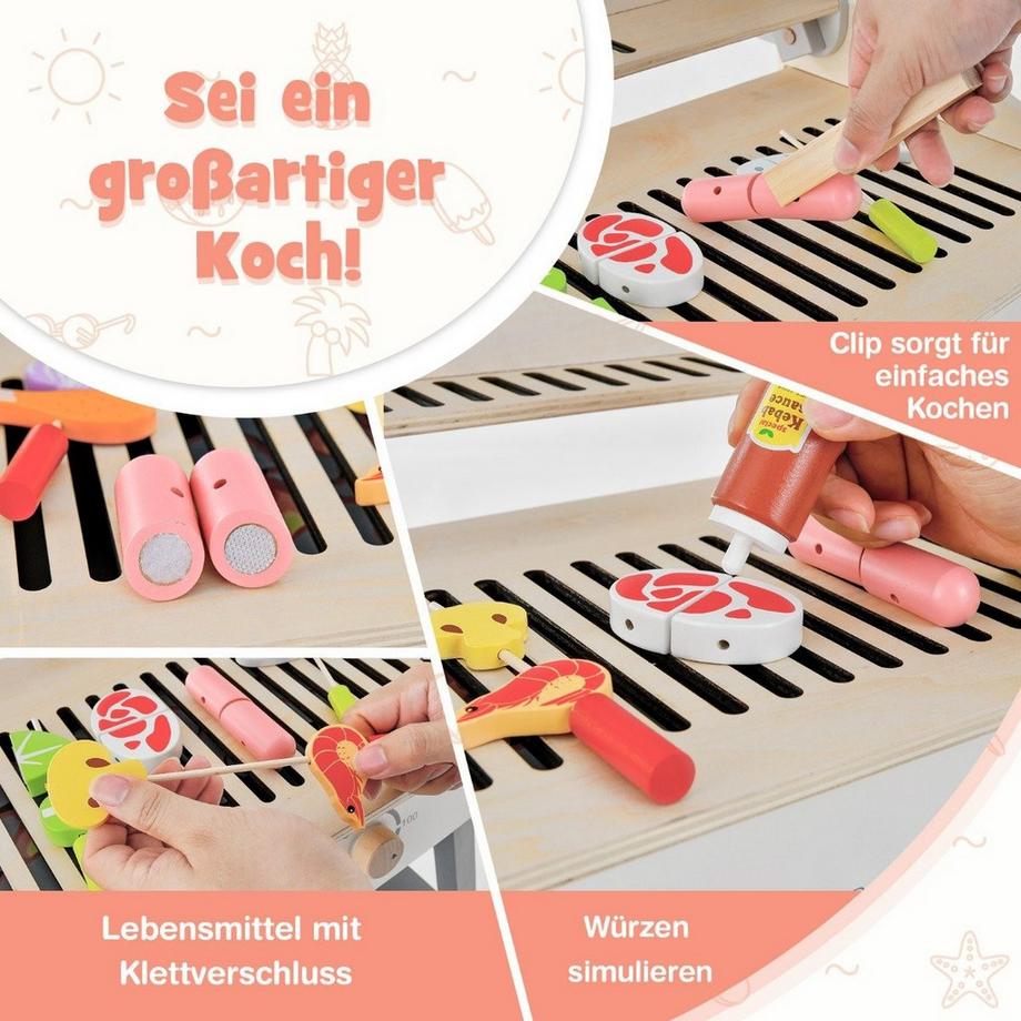Northix  Ensemble de jeu de barbecue pour enfants, cuisine de jeu en bois avec support, 4 tiges de barbecue, ensemble de barbecue jouet 