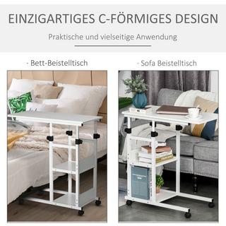 Northio Table D'Appoint À Roulettes, Table Basse Réglable En Hauteur, 2 Étagères, Aggloméré E1, Blanc, 80X40X72-82 Cm  