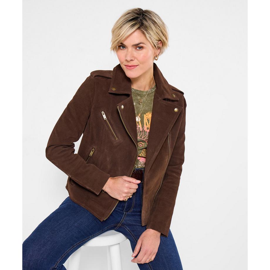 Joe Browns Giacca biker in morbida pelle scamosciata con collo a revers  