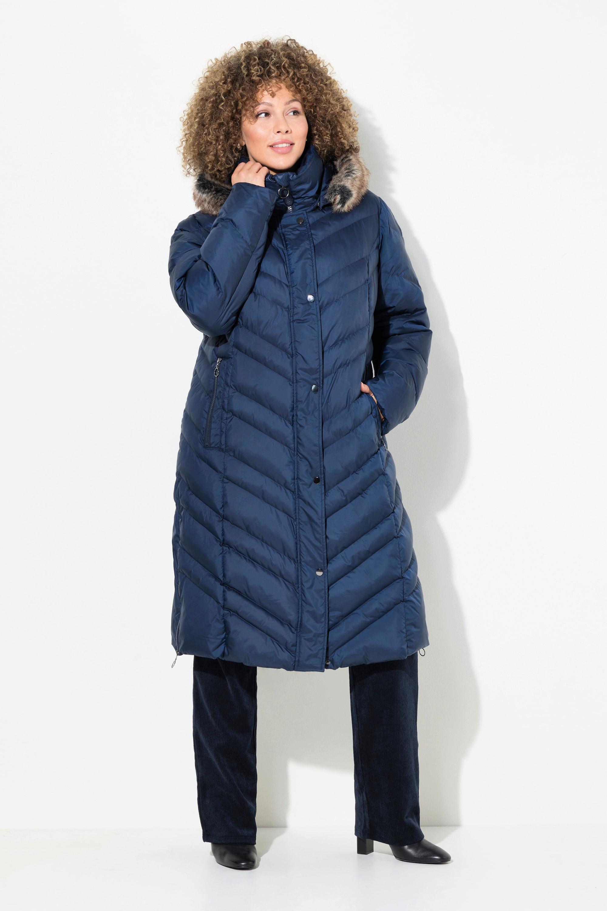 Ulla Popken Cappotto Imbottito Cappuccio Staccabile Collo Alto Tasche Zip  