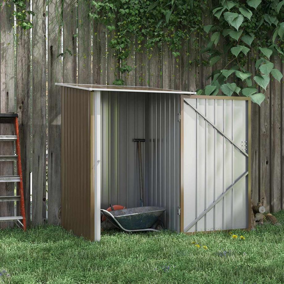 Northio Gerätehaus Aus Stahl, 0,92 M² Geräteschuppen Mit Pultdach Gartenschrank Abschließbar, Gartenschuppen, 100 X 103 X 160 Cm, Braun  