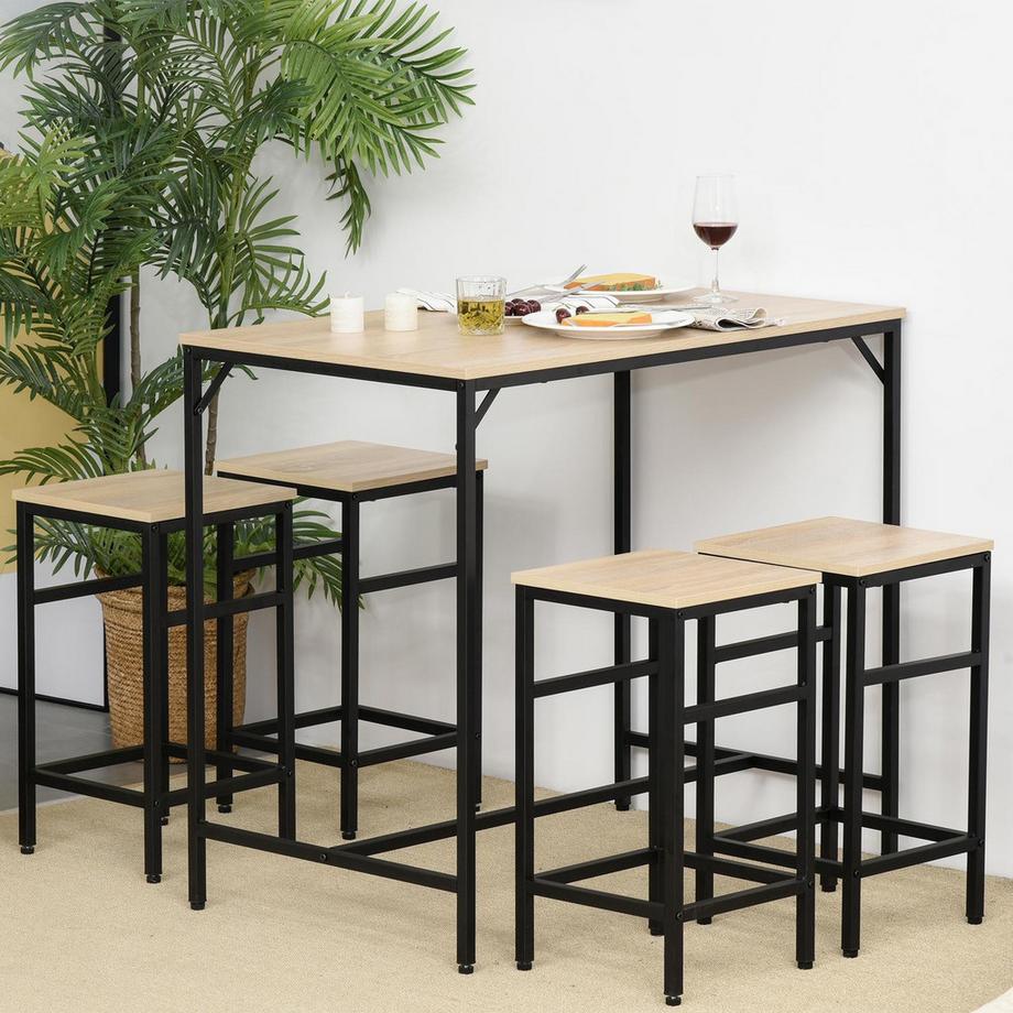 Northio Bartisch Set 5-Teilig Stehtisch 4 Barhocker Tischset Küchentresen Esszimmer Stahl Eiche+Schwarz 100X60X88Cm  