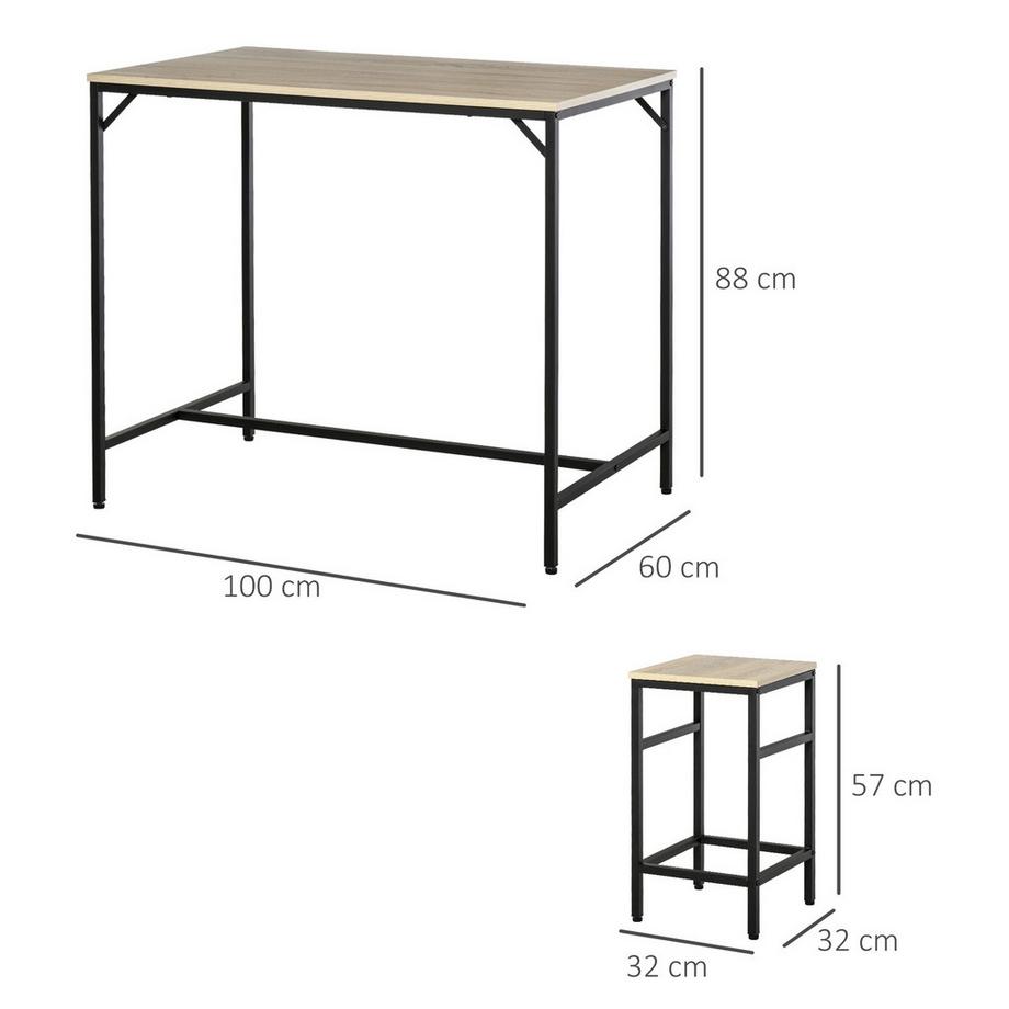 Northio Bartisch Set 5-Teilig Stehtisch 4 Barhocker Tischset Küchentresen Esszimmer Stahl Eiche+Schwarz 100X60X88Cm  