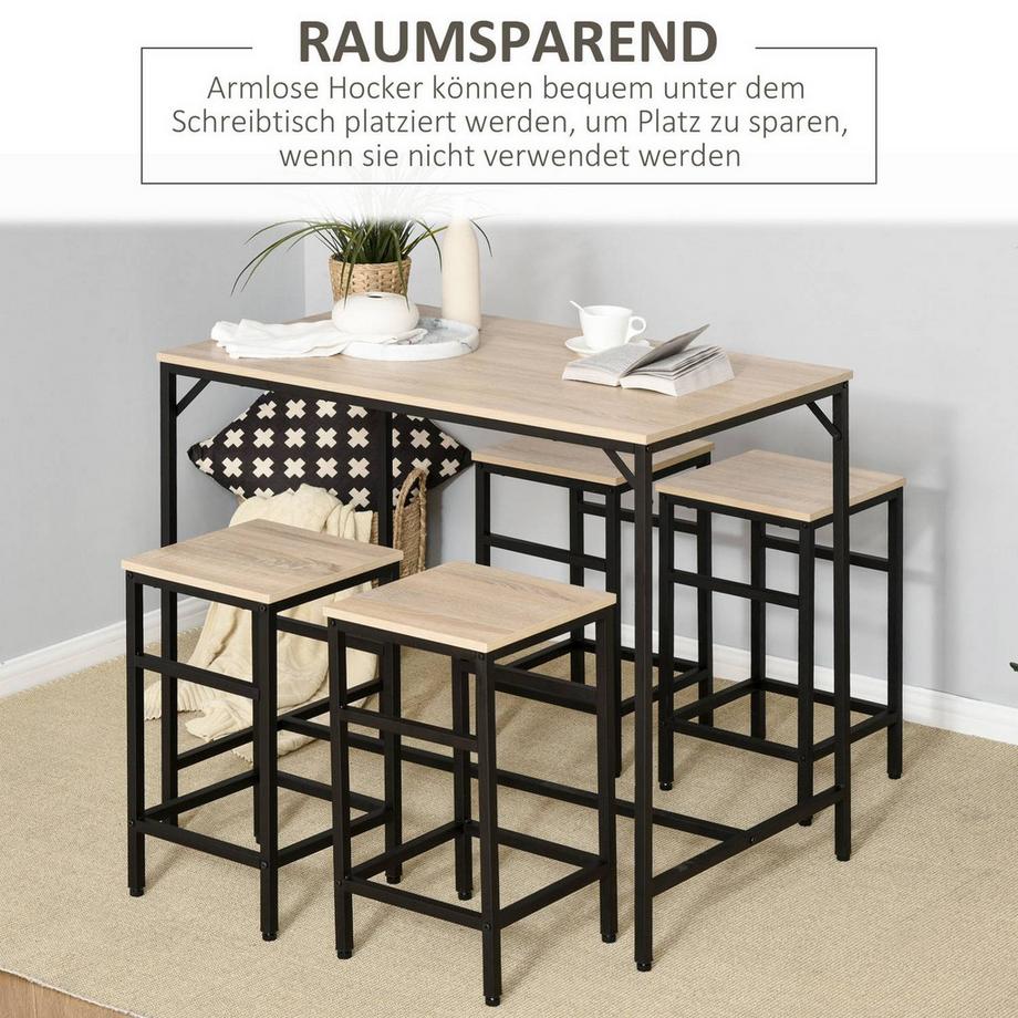 Northio Bartisch Set 5-Teilig Stehtisch 4 Barhocker Tischset Küchentresen Esszimmer Stahl Eiche+Schwarz 100X60X88Cm  