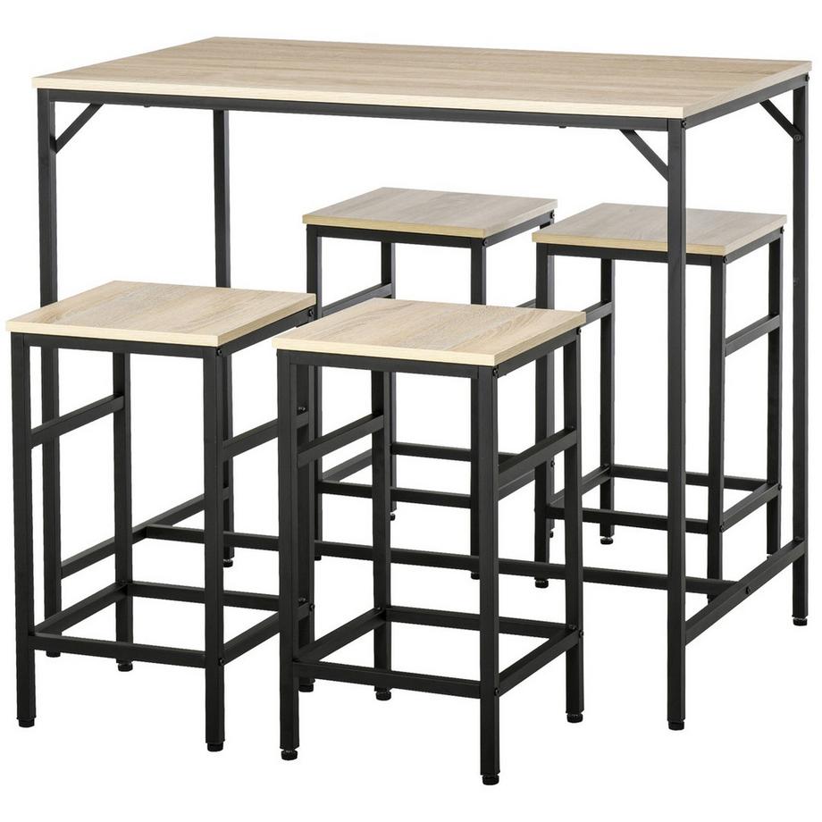 Bartisch Set 5-Teilig Stehtisch 4 Barhocker Tischset Küchentresen Esszimmer Stahl Eiche+Schwarz 100X60X88Cm