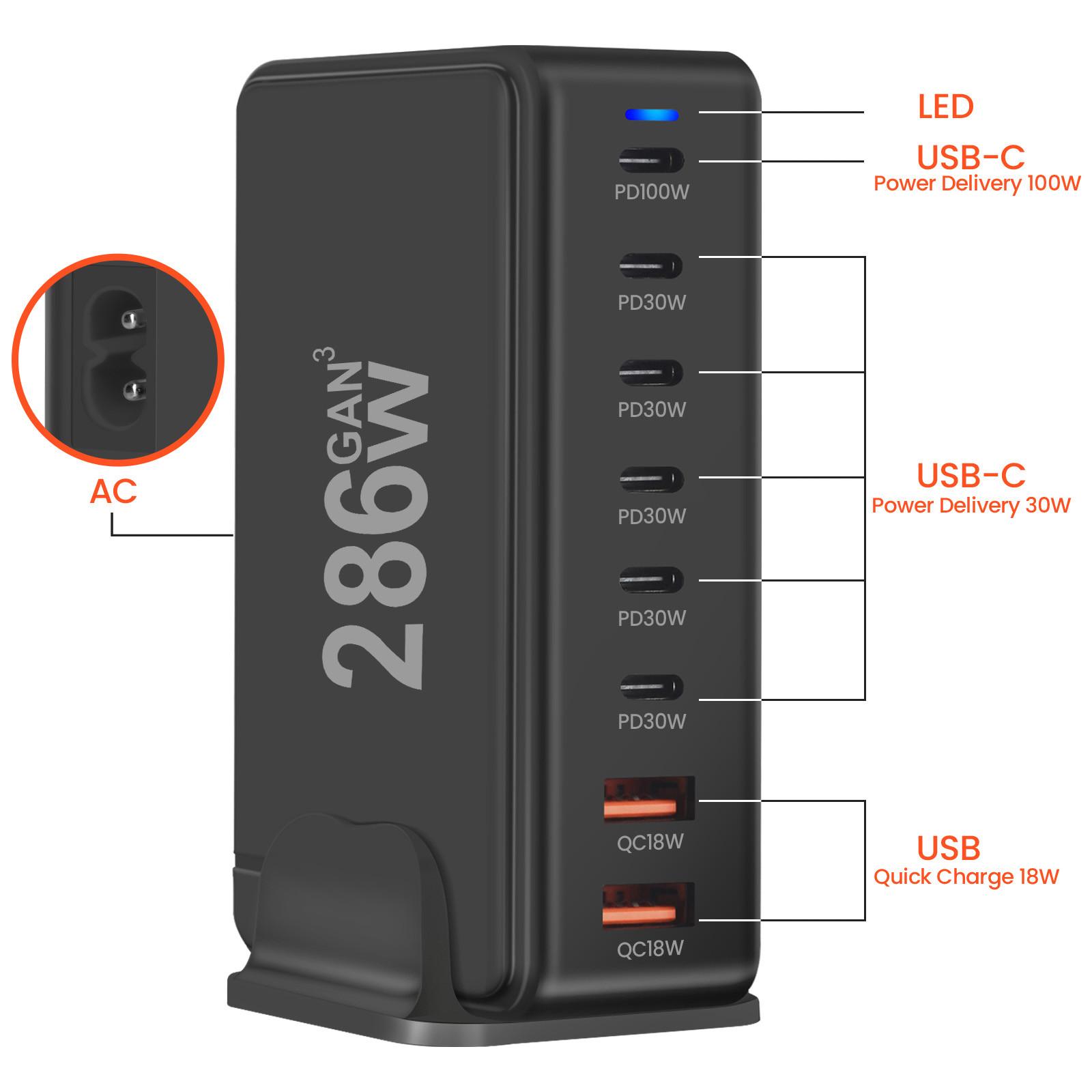 Avizar  Station de Charge 286W GaN 8 Ports Noir 
