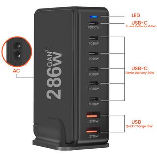 Avizar  Station de Charge 286W GaN 8 Ports Noir 