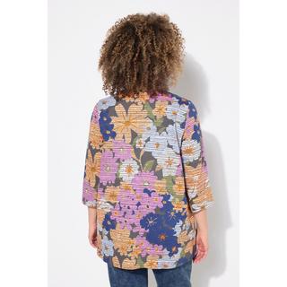 Ulla Popken  T-shirt à fleurs, plis fantaisie, col en V et manches 3/4, coupe évasée 