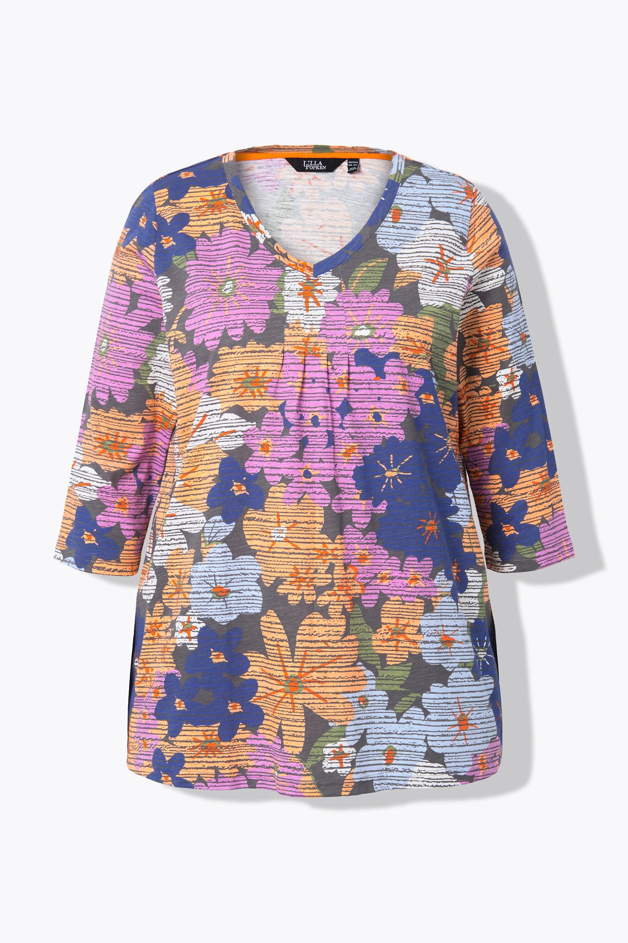 Ulla Popken  T-shirt à fleurs, plis fantaisie, col en V et manches 3/4, coupe évasée 