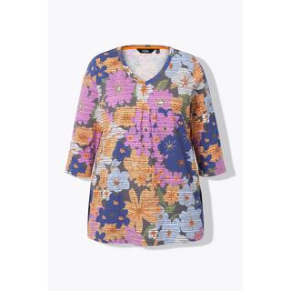 Ulla Popken  T-shirt à fleurs, plis fantaisie, col en V et manches 3/4, coupe évasée 