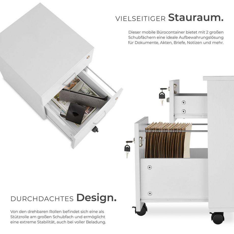 Tectake Rollcontainer Vagur mit 2 Schubladen für Dokumente im A4 Format abschließbar, inkl. Ersatzschlüsseln  