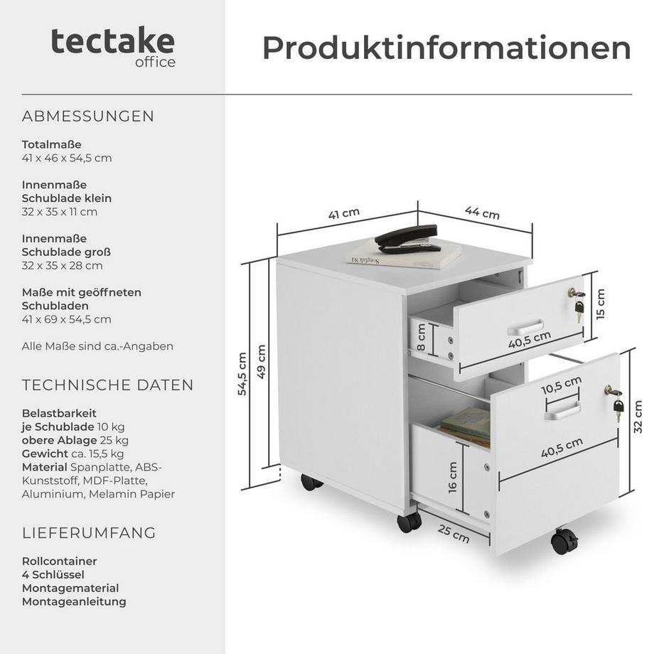 Tectake Rollcontainer Vagur mit 2 Schubladen für Dokumente im A4 Format abschließbar, inkl. Ersatzschlüsseln  