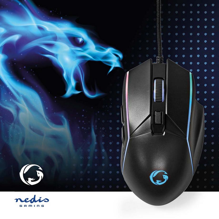 Nedis  Mouse da gioco | Con cavo | 800 / 1200 / 2400 / 3200 / 4800 / 7200 dpi | DPI regolabile | Numero di pulsanti: 6 | Mano destra | 1,50 m | LED 