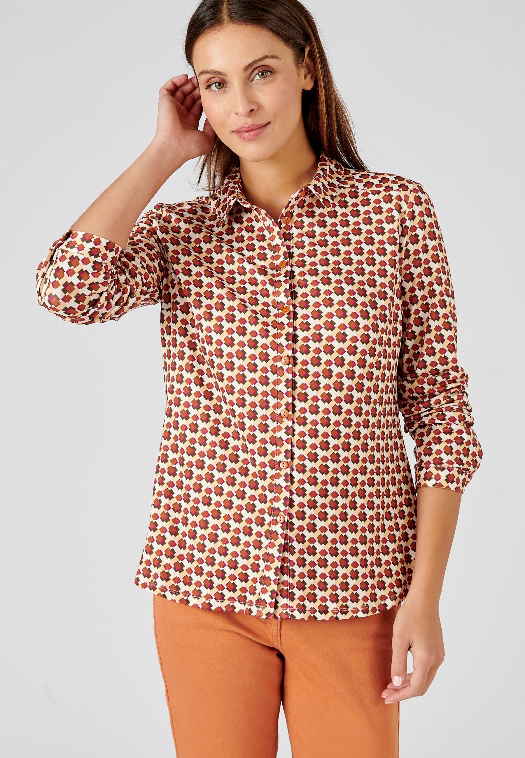 Image of Warme Bluse Mit Blattmotiv Und Samtigem Griff. Damen Orange 34/36