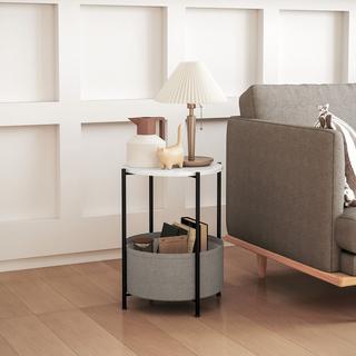 Northio Table d'appoint, table basse avec panier en tissu, table basse ronde avec espace de rangement, pour salon, chambre, 44 x 44 x 56 cm, acier, gris + blanc  