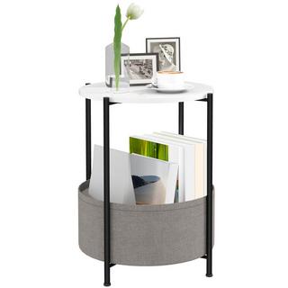 Northio Table d'appoint, table basse avec panier en tissu, table basse ronde avec espace de rangement, pour salon, chambre, 44 x 44 x 56 cm, acier, gris + blanc  