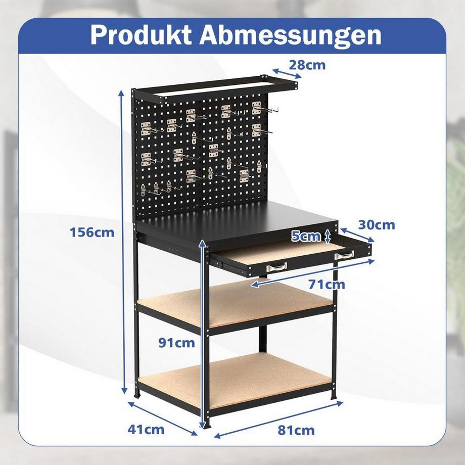 Northio Werkbank 81 x 41 cm 225 kg Tragkraft Arbeitstisch mit Lochwand & Schubladen & regalen Schwarz  