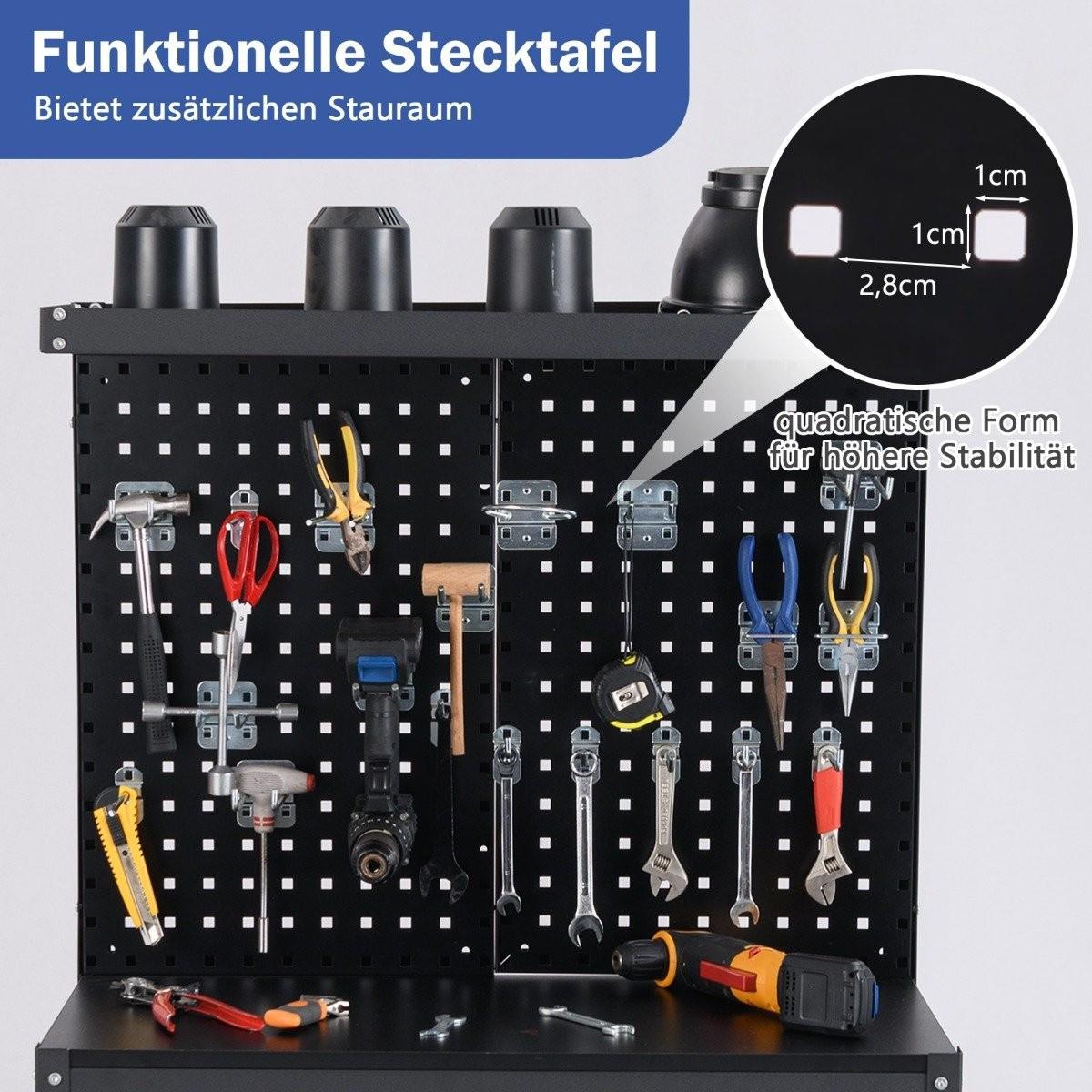 Northio Etabli 81 x 41 cm Table de travail capacité de charge 225 kg avec paroi perforée et amp; Tiroirs et amp; étagères noires  