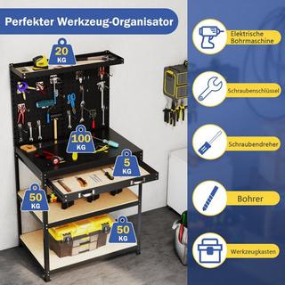 Northio Etabli 81 x 41 cm Table de travail capacité de charge 225 kg avec paroi perforée et amp; Tiroirs et amp; étagères noires  