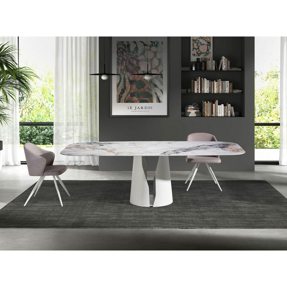 ANGEL CERDA Table à manger baril ovale marbre porcelaine et acier blanc  