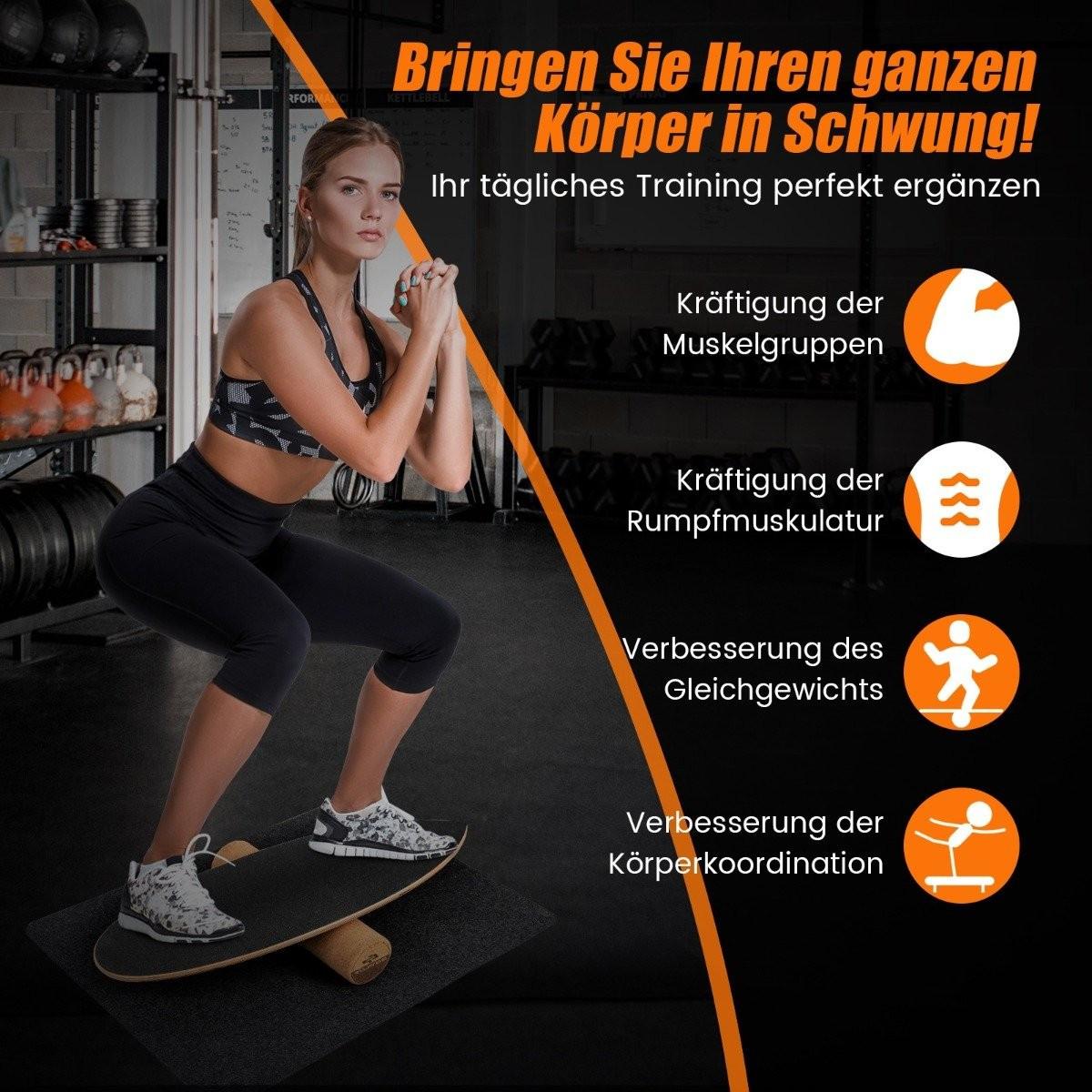 B2X  Planche d'équilibre en bois, planche oscillante avec roue et couverture, kit de planche d'équilibre 3 en 1, noir 