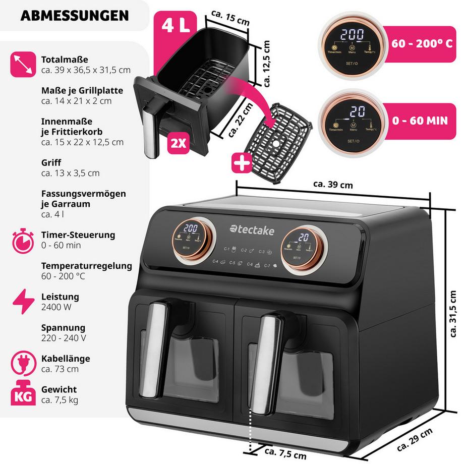 Tectake Friggitrice ad aria Samurai, 2 camere di cottura, 7 programmi, 2400W  