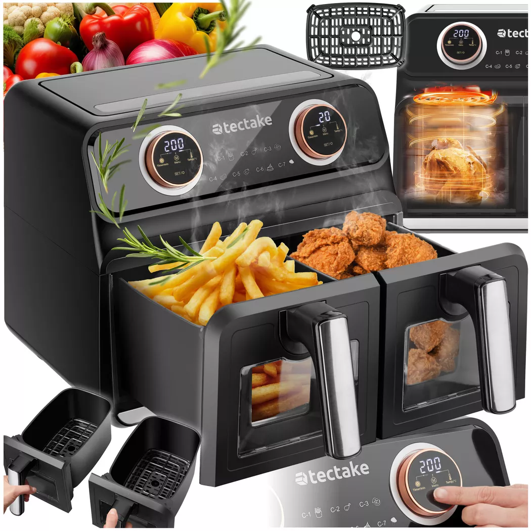 Tectake – Heissluftfritteuse Samurai, 2 Garräume, 7 Programme, 2400W, Schwarz