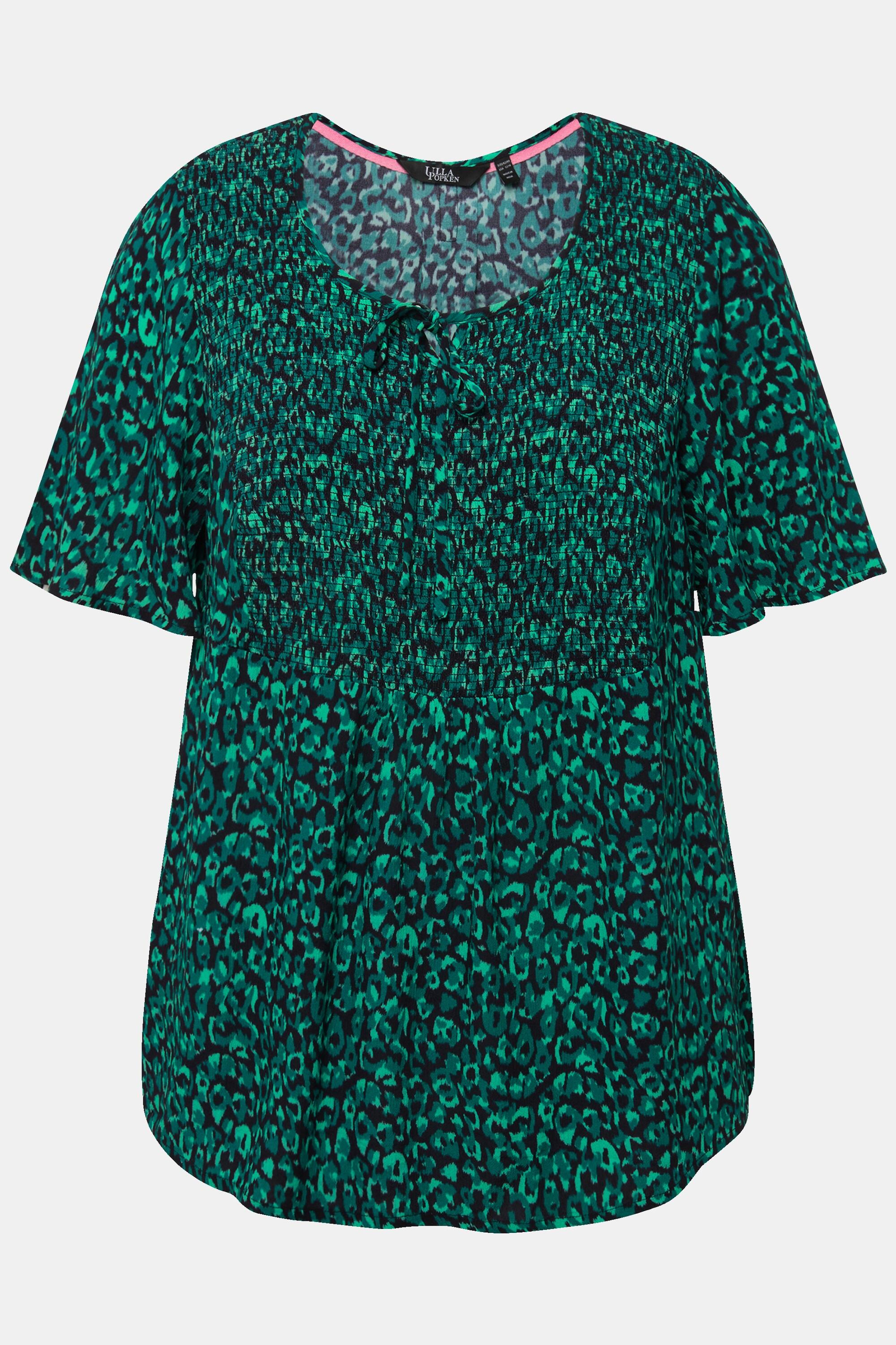 Ulla Popken  Blouse smockée à motif léopard, avec col rond et manches courtes. Ligne A 