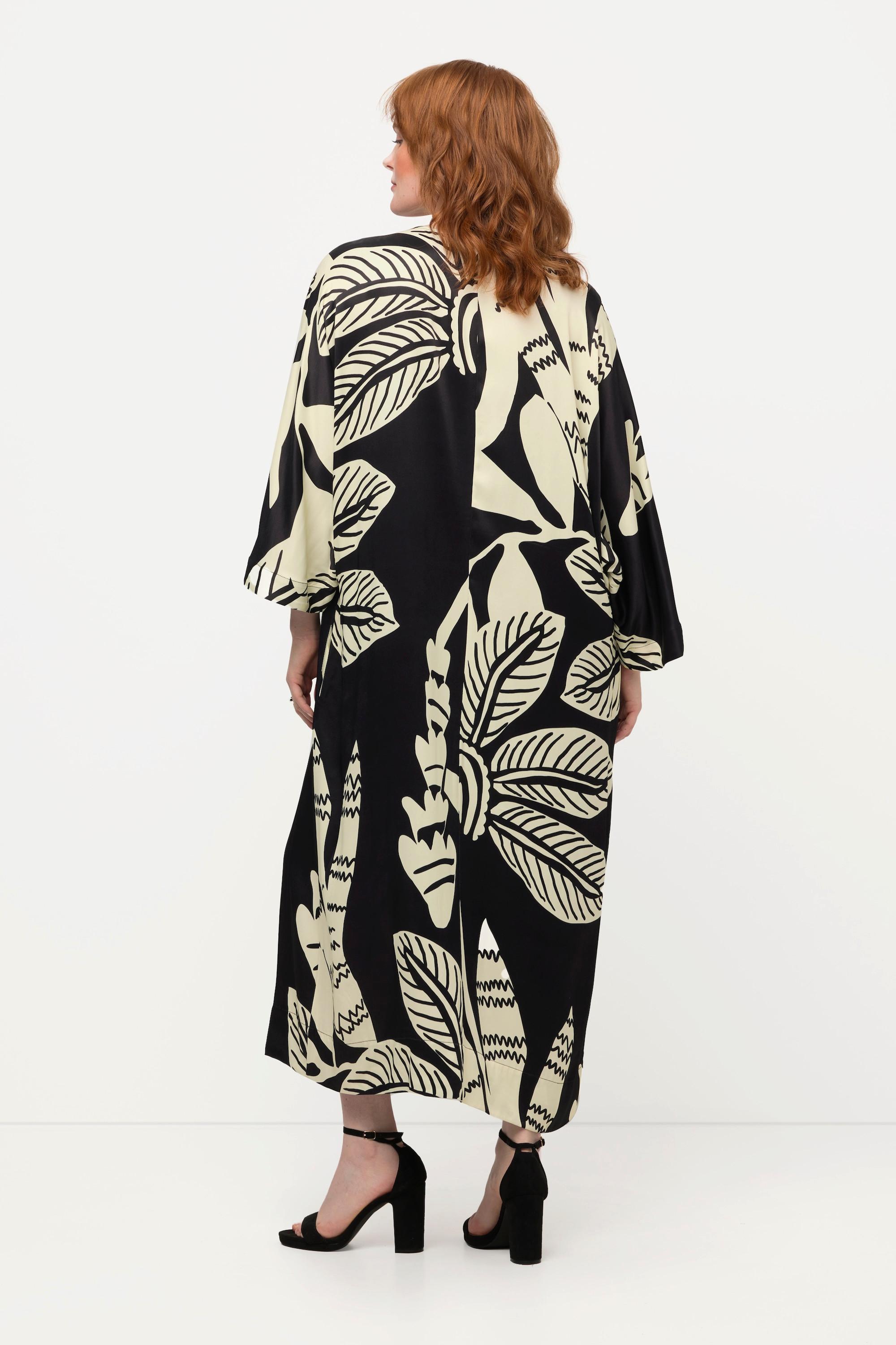 Ulla Popken Midikleid Palmen Print Drapierung V-Ausschnitt Halbarm  